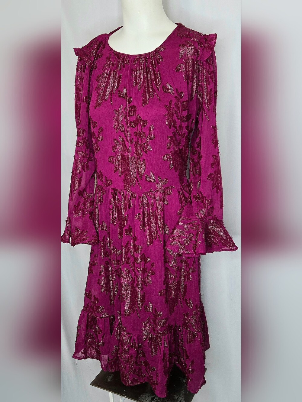Calvin Klein Metallic Floral Burnout Dress Fuchsia Pink Wedding Guest 12 NWOT - Picture 2 of 11